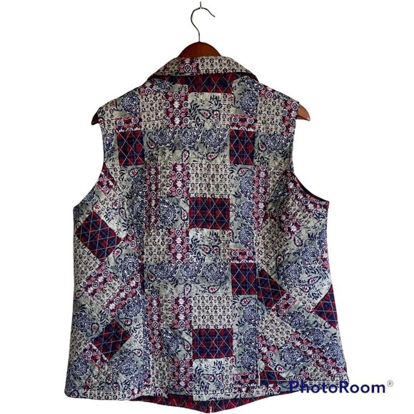 Quilted Reversible Full Zip Blue Red Paisley & Diagonal Plaid Women's Vest L - Picture 11 of 15